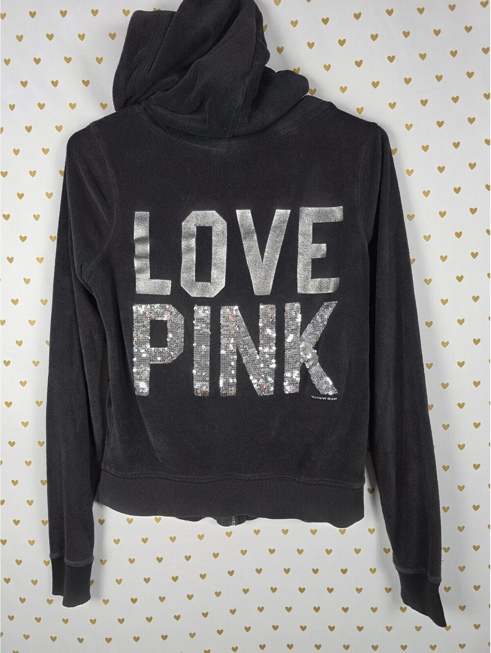 Victorias Secret Pink Vintage Y2K VELOUR Hooded Full Zip Black Jacket Sequin SM